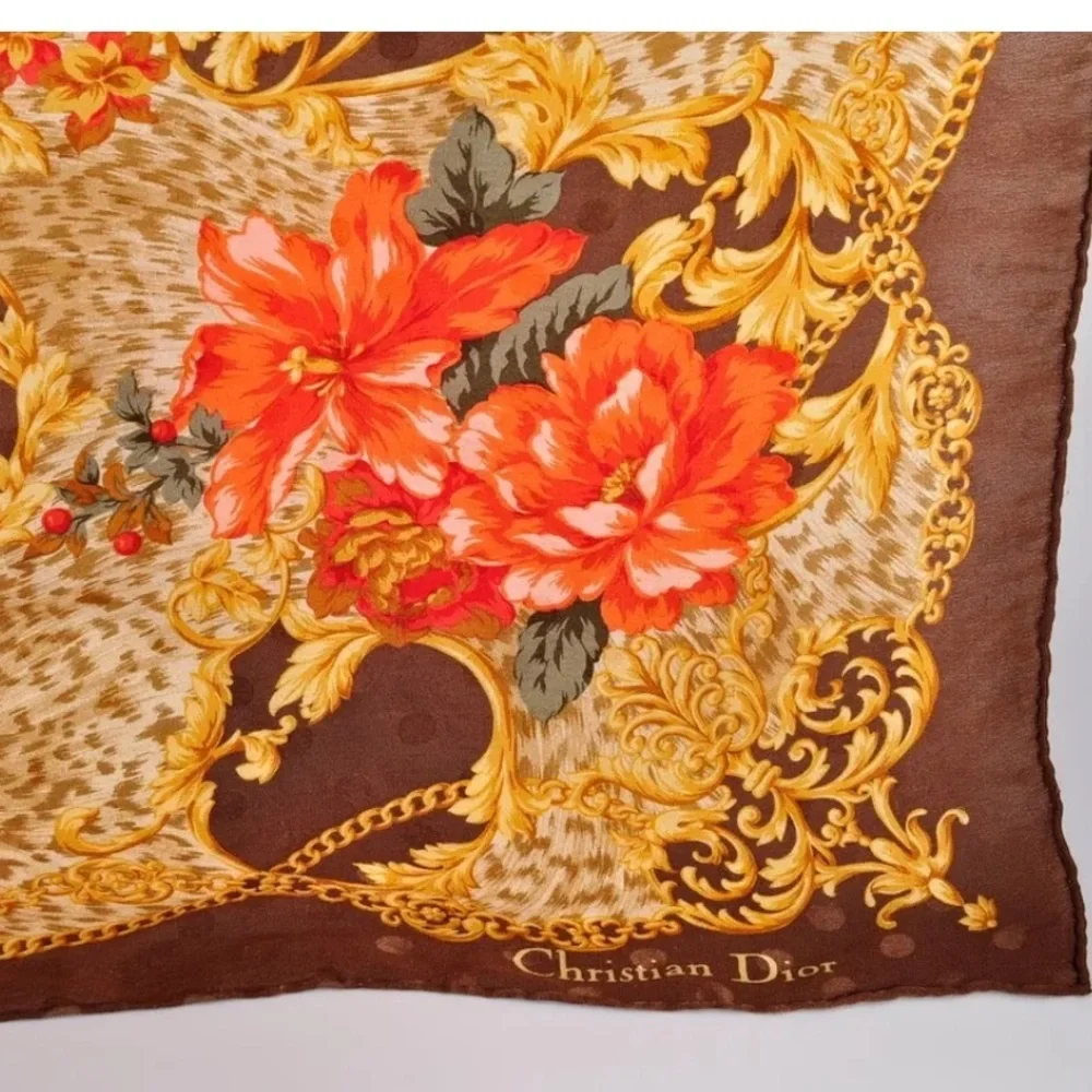 Christian Dior Flower Multicolor Scarf Silk 100% Used Authentic with tag 34 X 34